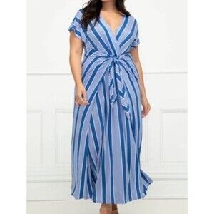 Eloquii Maxi Dress 18/20 Blue Tie Wrap Jersey Knit Short Sleeve V-Neck Striped